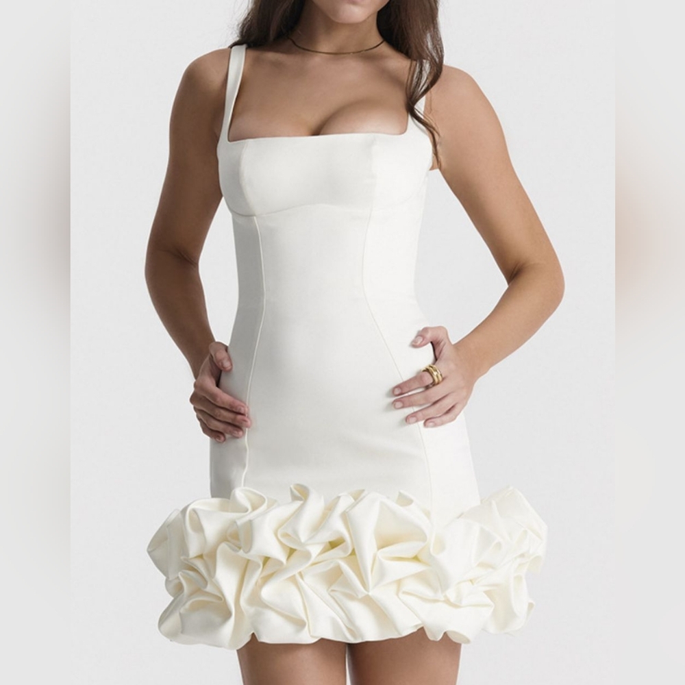 White Ruched Square Neck Sleeve Mini Dress - Picture 3 of 6